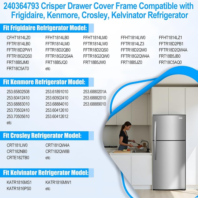 Alvar UPGRADED 240364793 Refrigerator Crisper Drawer Cover Frame Compatible with Frigidaire Crisper Drawer Replacement 240364713 Crisper Pan Cover Unit 240364763 240364786 Fridge Crisper Shelf Cover - Image 5